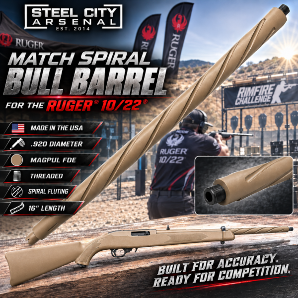 Steel City Arsenal MATCH Spiral Fluted BULL Barrel for the 10/22 - Threaded - MAGPUL FDE