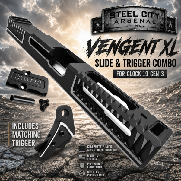 STEEL CITY ARSENAL VENGENT XL - BIG FRONT PORT FLUTED - GRAPHITE BLACK with CUSTOM POLISHED EDGES - EXTENDED SLIDE - MATCHING TRIGGER  & RMR COVER PLATE FOR GLOCK 19 GEN 3