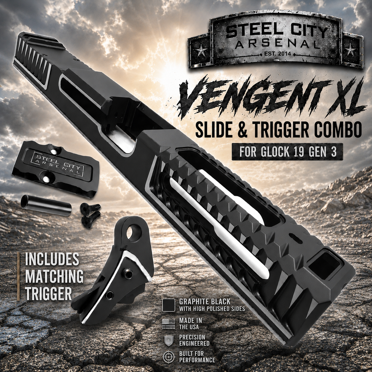 bdfcabb5-fa76-4066-805a-142cf0723438 STEEL CITY ARSENAL VENGENT XL - BIG FRONT PORT FLUTED - GRAPHITE BLACK with CUSTOM POLISHED EDGES - EXTENDED SLIDE - MATCHING TRIGGER & RMR COVER PLATE FOR GLOCK 19 GEN 3 - Image 1