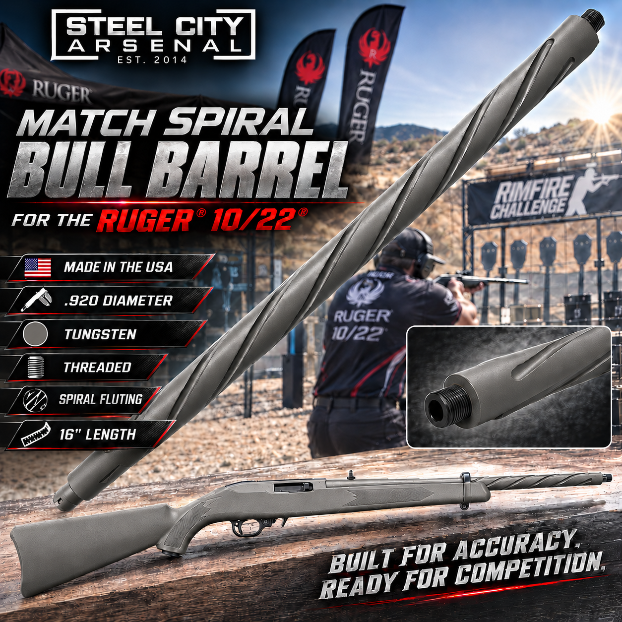 c4ce726a-cf02-4bb2-bf95-033018bc375d Steel City Arsenal MATCH Spiral Fluted BULL Barrel for the 10/22 - Threaded - TUNGSTEN GREY - Image 1