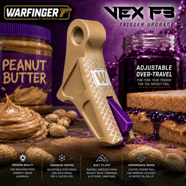 WARFINGER by RANGER PROOF / JOHNNY GLOCK COLLABORATION VEX F3 PEANUT BUTTER & GRAPE JELLY ( TAN & PURPLE ) ADJUSTABLE VERSION TRIGGER for GLOCK GEN 1 2 3 4 5 - 17 19 19X 20 21 22 23 24 26 27 31 32 33 34 35 37 36 38 39 43 43x 45 48 PB&J