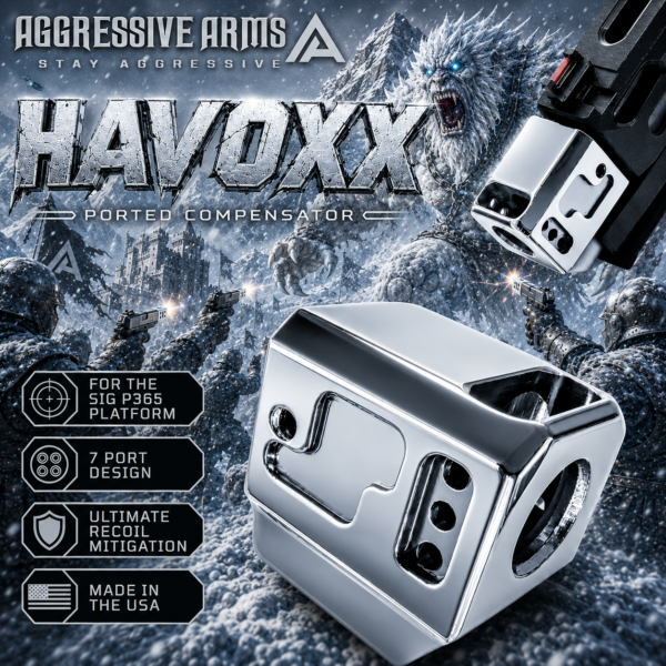 AGGRESSIVE ARMS HAVOXX 7 PORT COMPENSATOR FOR SIG P365 POLISHED BILLET ALUMINUM LIKE CHROME - RECOIL REDUCTION - 1/2X28 TPI