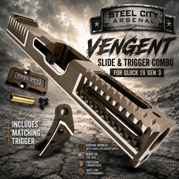 STEEL CITY ARSENAL VENGENT - FLUTED - KODIAK BRONZE with CUSTOM POLISHED EDGES - SLIDE - MATCHING TRIGGER  & RMR COVER PLATE FOR GLOCK 19 GEN 3