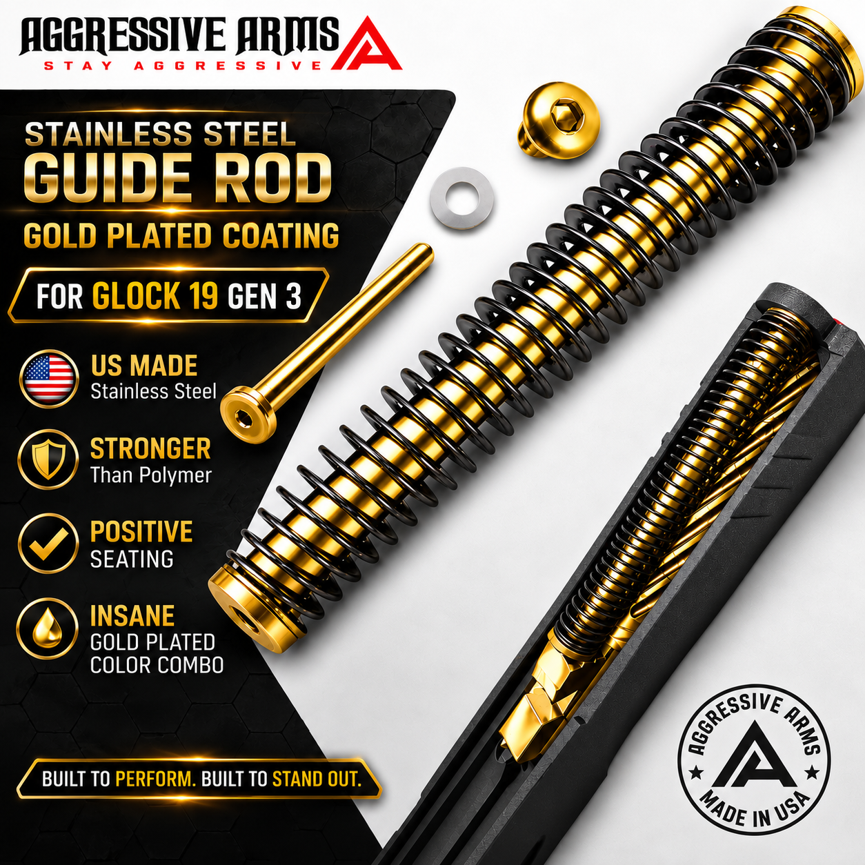 gold 19 AGGRESSIVE ARMS GUIDE ROD Assembly for GLOCK 19 Gen 3 -18LB Spring - SHINY GOLD PLATING over Stainless Steel - Image 1