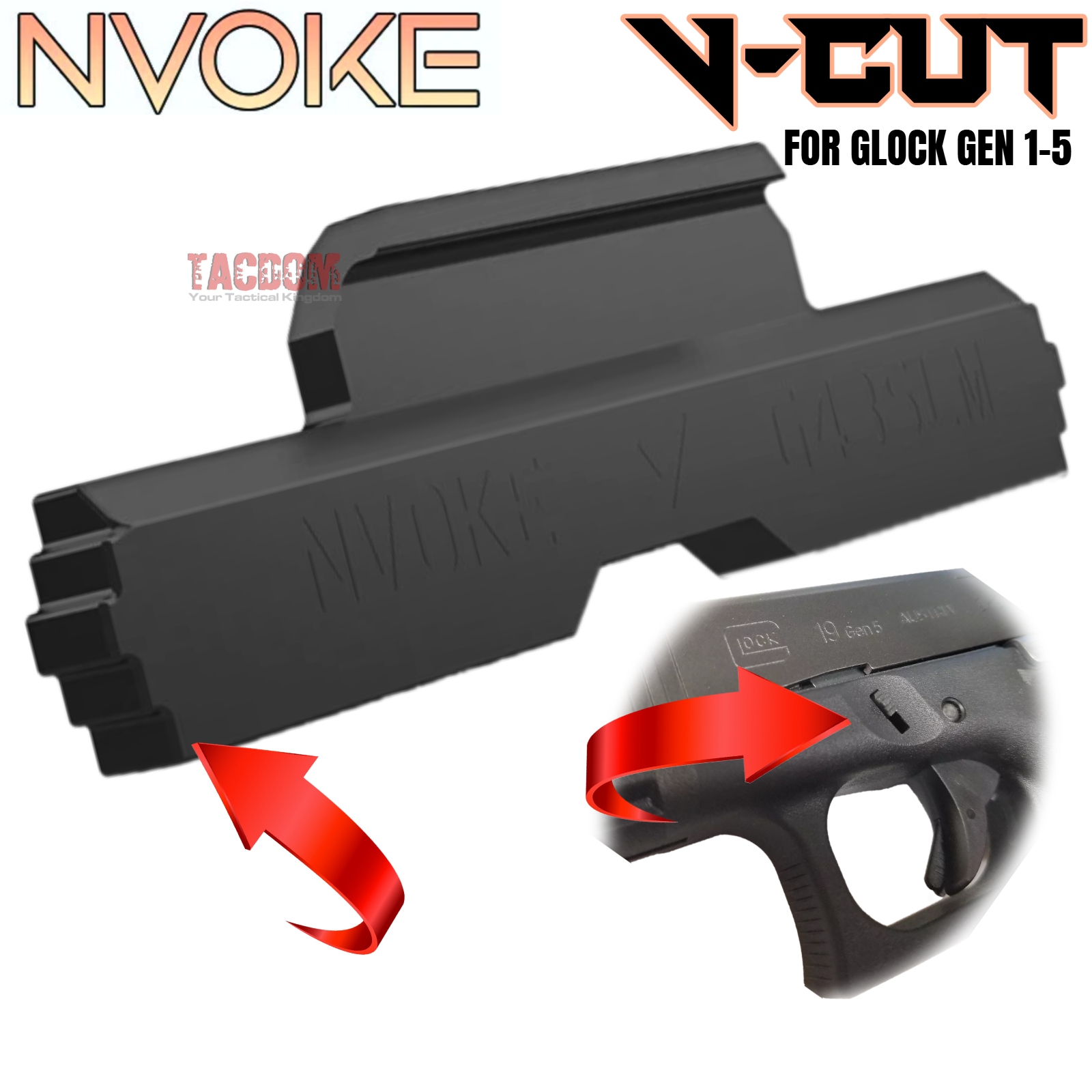 nv123 NVOKE For GLOCK 17 19 20 21 26 27 30 34 45 GEN 1-5 EXTENDED "V-CUT" PATTERN SLIDE LOCK TAKE DOWN - 316 STAINLESS - BLACK NITRIDE - Image 1
