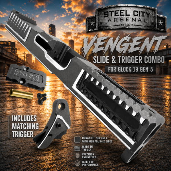 STEEL CITY ARSENAL VENGENT - FLUTED - SIG DARK GREY with CUSTOM POLISHED EDGES - SLIDE - MATCHING TRIGGER  & RMR COVER PLATE FOR GLOCK 19 GEN 5