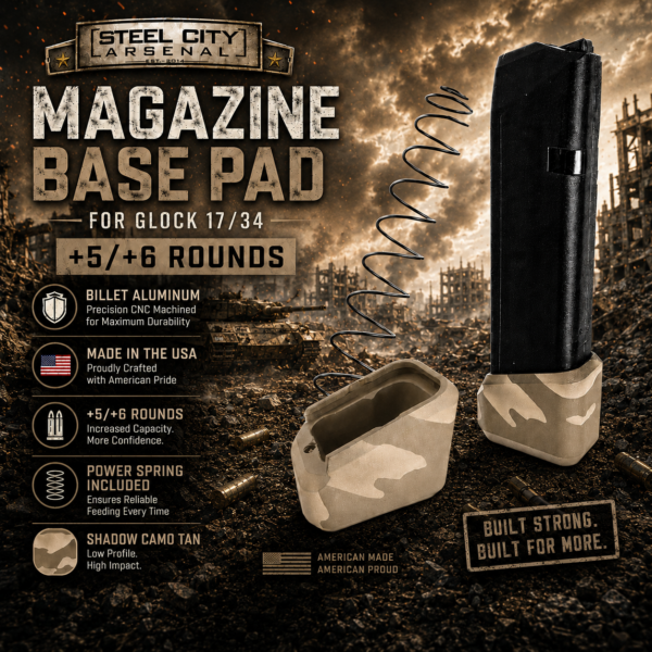 STEEL CITY ARSENAL LIMITED EDITION +5/+6 ROUND MAGAZINE EXTENSION IN SHADOW TAN CAMO BASE PAD FOR GLOCK 17 34