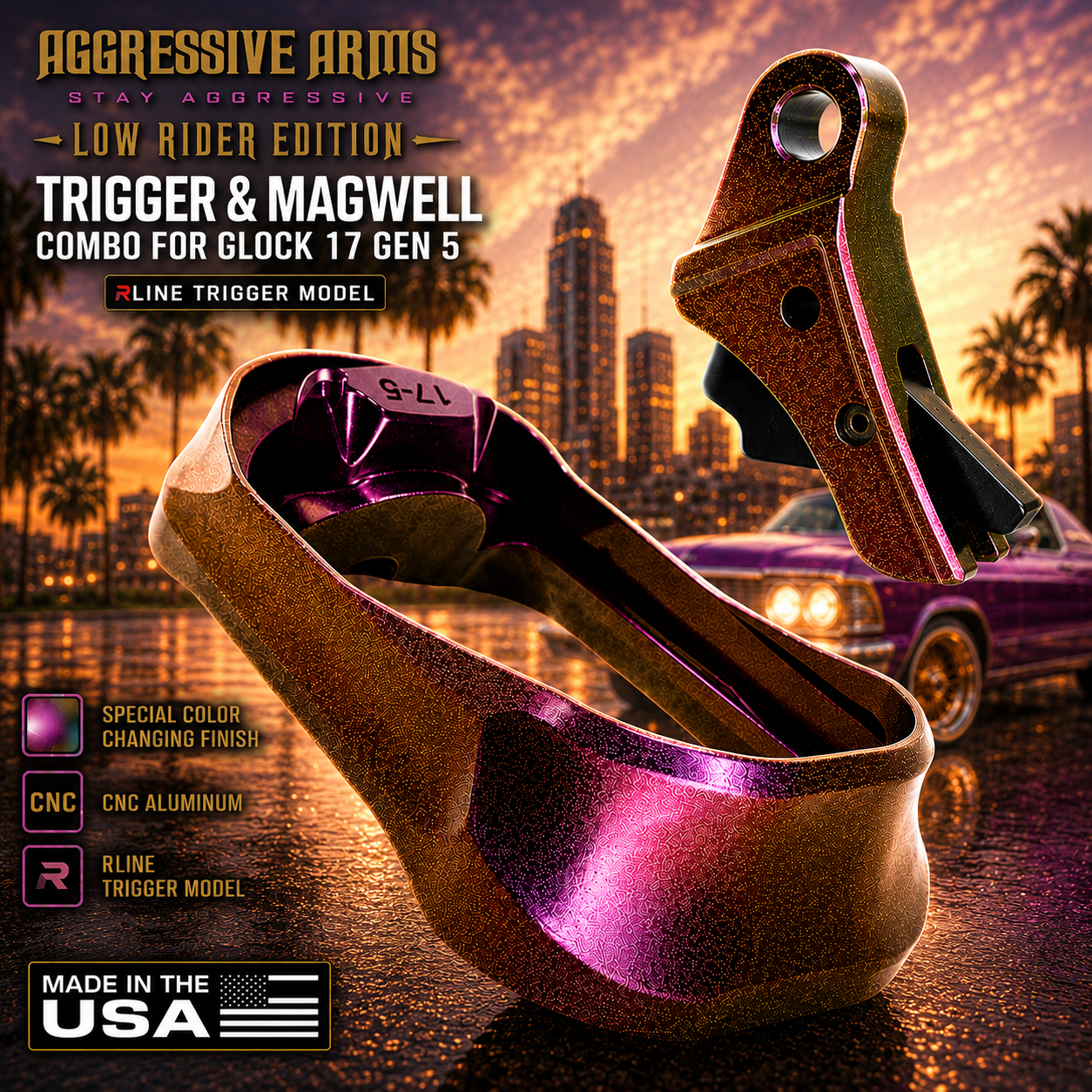 175combo AGGRESSIVE ARMS & STEEL CITY ARSENAL "LOW RIDER EDITION" COLOR CHANGING for GLOCK GEN 5 - 17 - 34 - 45 ENHANCED MAGWELL & TRIGGER – FITS OEM GLOCK FACTORY FRAMES - Image 1