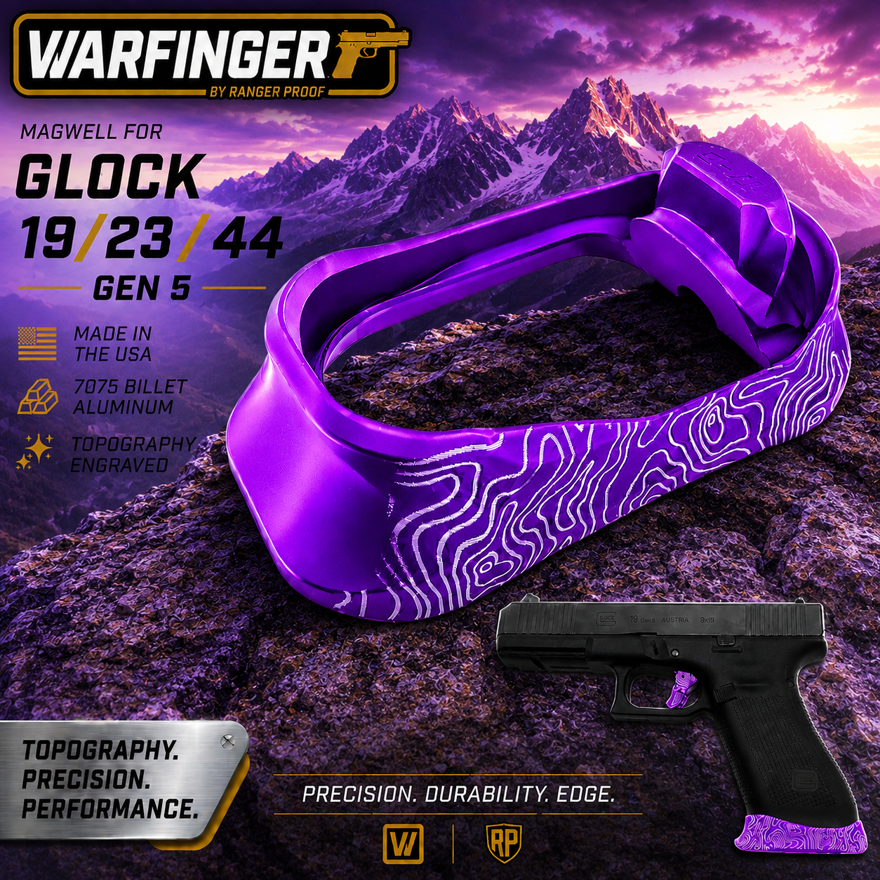 19 WARFINGER by Ranger Proof for GLOCK 19 / 23 / 44 PURPLE TOPOGRAPHY BILLET ALUMINUM MAGWELL – FITS GEN 5 OEM FACTORY FRAMES - Image 1