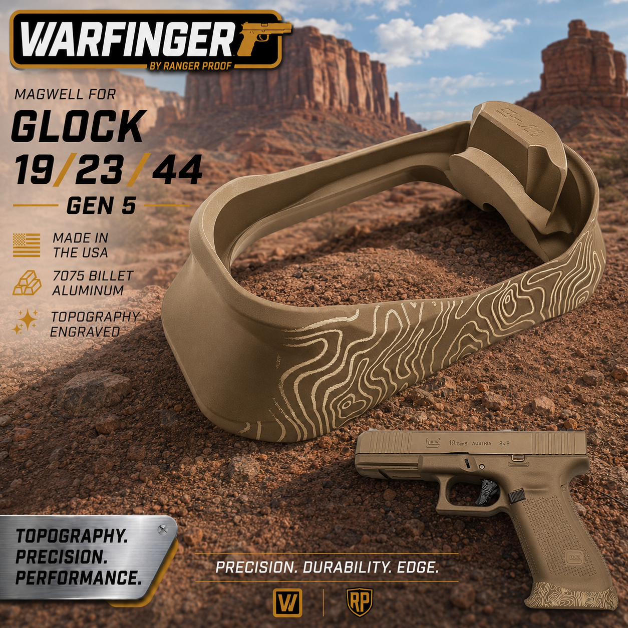 19 WARFINGER by Ranger Proof for GLOCK 19 / 23 / 44 FDE TOPOGRAPHY BILLET ALUMINUM MAGWELL – FITS GEN 5 OEM FACTORY FRAMES - Image 1
