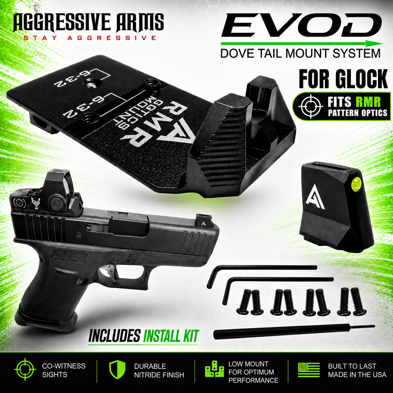 1e7783c4-f11c-4aec-8745-0a2452f238c8 AGGRESSIVE ARMS DOVE MOUNT SYSTEM for Glock RMR Slide Sight Adapter with Front V2 FIBER OPTIC SIGHT + COMES WITH INSTALL TOOLS - Image 1