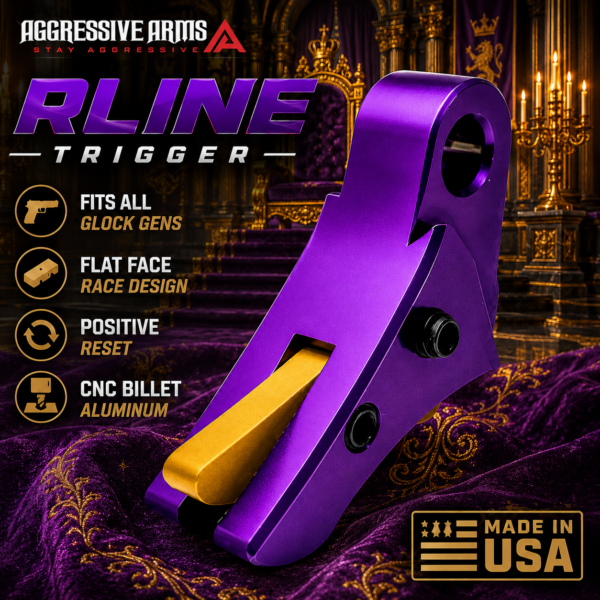 AGGRESSIVE ARMS R-LINE for GLOCK GEN 1 2 3 4 5 6 "CNC BILLET ALUMINUM" REGAL SERIES - ANODIZED PURPLE - GOLD TIN SAFETY - FLAT FACE