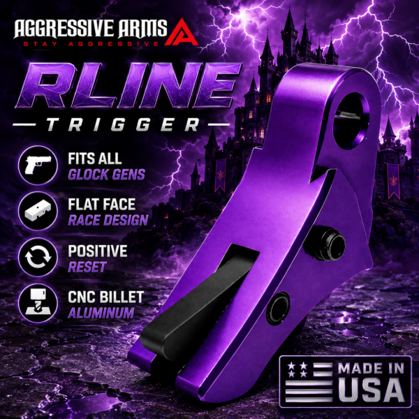 AGGRESSIVE ARMS R-LINE for GLOCK GEN 1 2 3 4 5 6 "CNC BILLET ALUMINUM" REGAL SERIES - ANODIZED PURPLE - BLACK HARD NITRIDE SAFETY - FLAT FACE