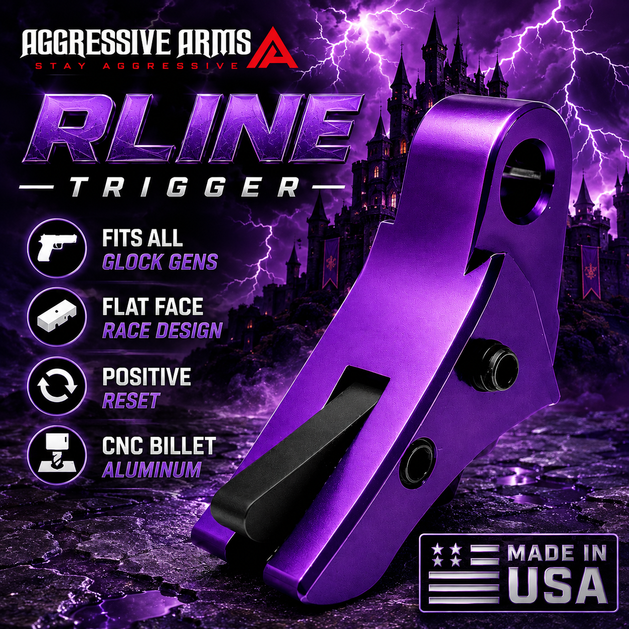 28746c79-bf7f-453b-9650-1e4628799e63 AGGRESSIVE ARMS R-LINE for GLOCK GEN 1 2 3 4 5 6 "CNC BILLET ALUMINUM" REGAL SERIES - ANODIZED PURPLE - BLACK HARD NITRIDE SAFETY - FLAT FACE - Image 1