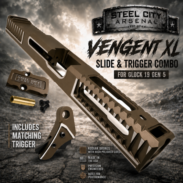 STEEL CITY ARSENAL VENGENT XL - BIG FRONT PORT FLUTED - KODIAK BRONZE with CUSTOM POLISHED EDGES - EXTENDED SLIDE - MATCHING TRIGGER  & RMR COVER PLATE FOR GLOCK 19 GEN 5