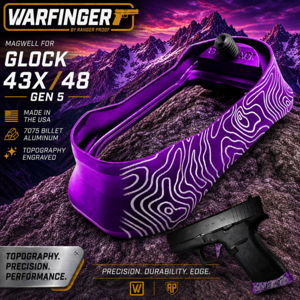 WARFINGER by Ranger Proof for GLOCK 43x - 48 PURPLE TOPOGRAPHY BILLET ALUMINUM MAGWELL – FITS GEN 5 OEM FACTORY FRAMES
