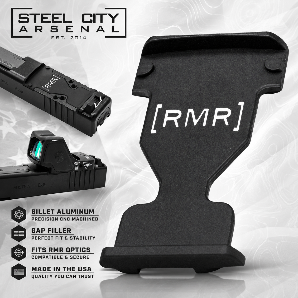 43e1434c-0514-4551-906e-a2f820fe9728 STEEL CITY ARSENAL for GLOCK GEN 6 RMR OPTIC PLATE GAP FILLER - BILLET ALUMINUM - BLACK - Image 1