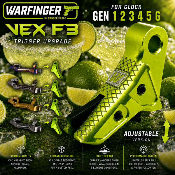 WARFINGER by RANGER PROOF / JOHNNY GLOCK COLLABORATION VEX F3 ANODIZED LIME GREEN ADJUSTABLE VERSION TRIGGER for GLOCK GEN 1 2 3 4 5 - 17 19 19X 20 21 22 23 24 26 27 31 32 33 34 35 37 36 38 39 43 43x 45 48