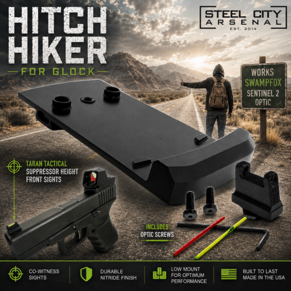 STEEL CITY ARSENAL HITCH HIKER DOVE MOUNT SYSTEM for Glock RMSc Slide Sight Adapter with Front TARAN TACTICAL SUPPRESSOR HEIGHT FIBER OPTIC READY SIGHT + SLIM FLAT OPTIC SCREWS - WORKS WITH SWAMPFOX SENTINEL 2 - ** FITS TAURUS TX-22