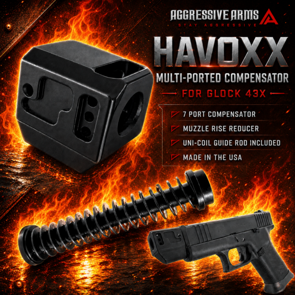 AGGRESSIVE ARMS HAVOXX 7 PORT COMPENSATOR SYSTEM FOR GLOCK 43X BLACK - RECOIL REDUCTION - 1/2X28 TPI - POWER UNI-COIL GUIDE ROD INCLUDED