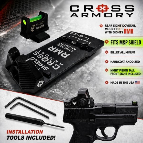 CROSS ARMORY DOVE MOUNT SYSTEM for S&W M&P SHIELD RMR Slide Sight Adapter with NIGHT FISION Front FIBER OPTIC SIGHT + COMES WITH INSTALL TOOLS