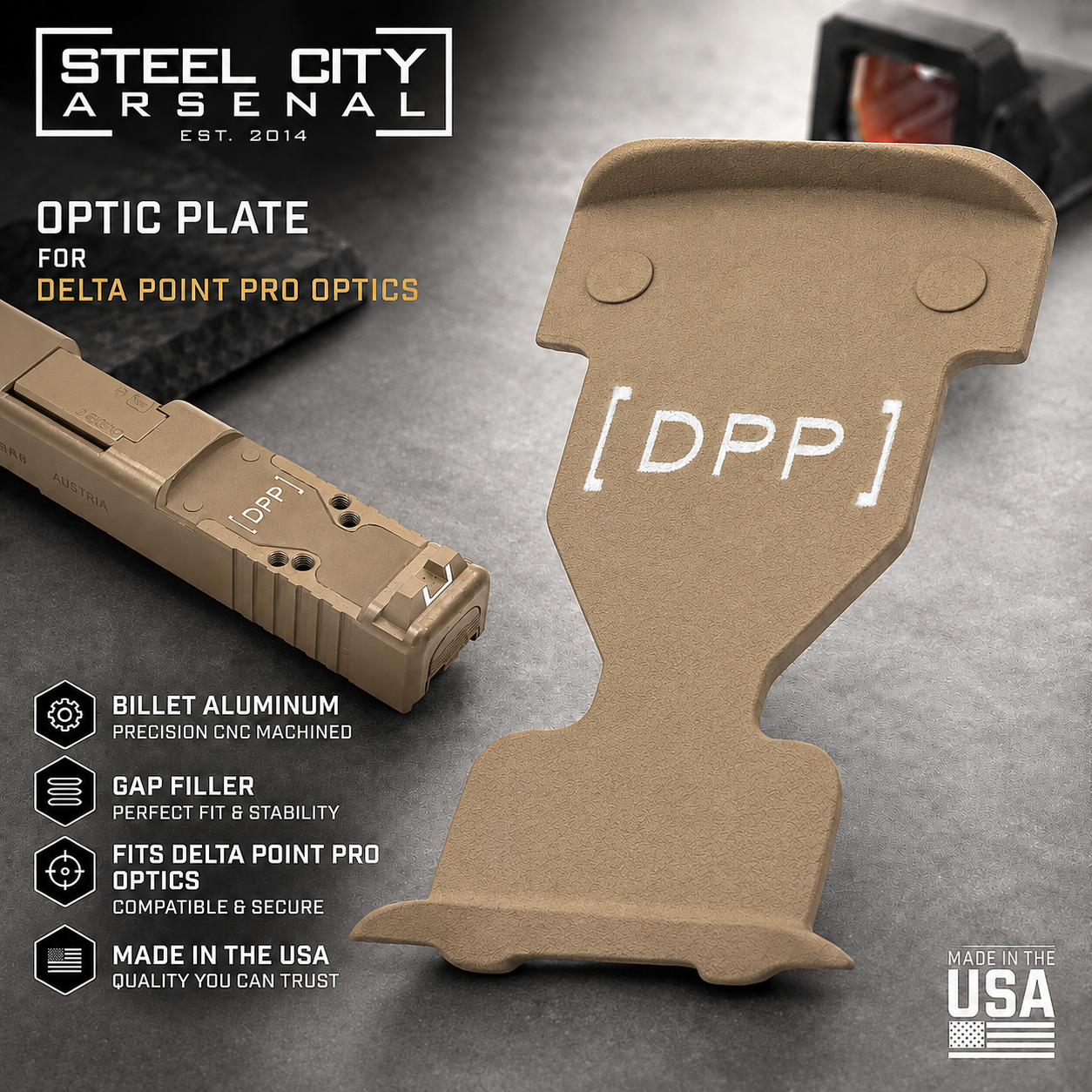 9196e43a-06c5-4181-b427-9af163d0176b STEEL CITY ARSENAL for GLOCK GEN 6 DELTAPOINT PRO OPTIC PLATE GAP FILLER - BILLET ALUMINUM - FDE TAN - Image 1