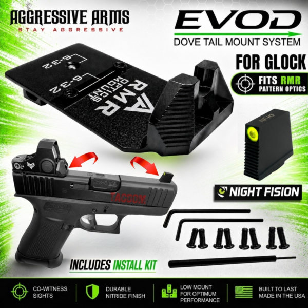AGGRESSIVE ARMS DOVE MOUNT SYSTEM for Glock RMR Slide Sight Adapter with Front TRITIUM by NIGHT FISION OPTIC SIGHT + COMES WITH INSTALL TOOLS