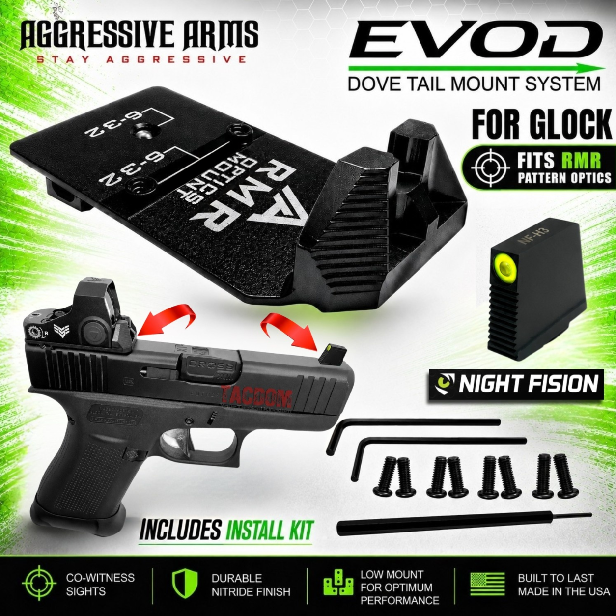 HERO NIGHT RMR AGGRESSIVE ARMS DOVE MOUNT SYSTEM for Glock RMR Slide Sight Adapter with Front TRITIUM by NIGHT FISION OPTIC SIGHT + COMES WITH INSTALL TOOLS - Image 1