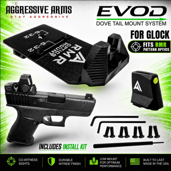AGGRESSIVE ARMS DOVE MOUNT SYSTEM for Glock RMR Slide Sight Adapter with Front V2 FIBER OPTIC SIGHT + COMES WITH INSTALL TOOLS