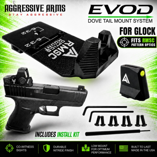 AGGRESSIVE ARMS DOVE MOUNT SYSTEM for Glock RMSC Slide Sight Adapter with Front V2 FIBER OPTIC SIGHT + COMES WITH INSTALL TOOLS