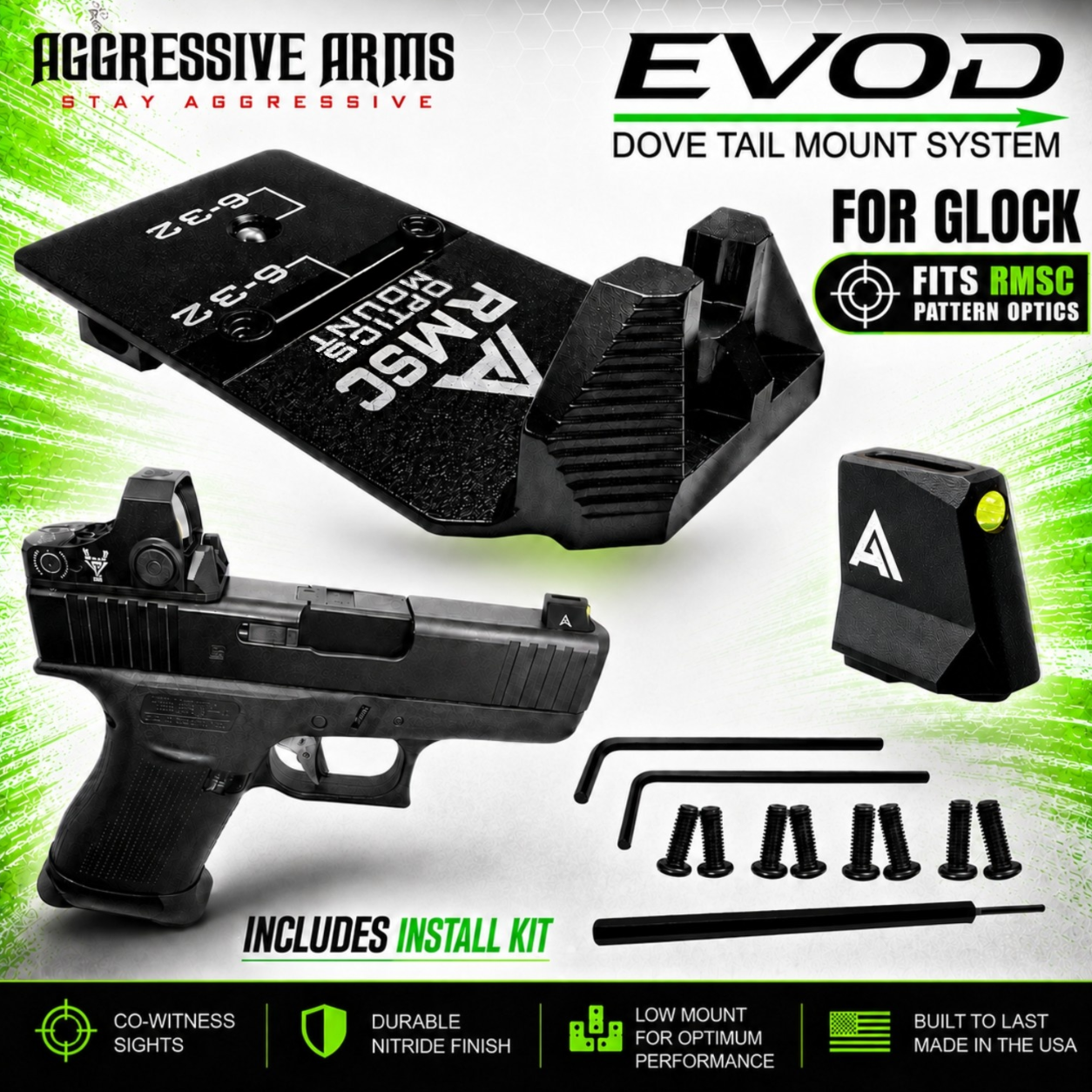 HERO RMcs AGGRESSIVE ARMS DOVE MOUNT SYSTEM for Glock RMSC Slide Sight Adapter with Front V2 FIBER OPTIC SIGHT + COMES WITH INSTALL TOOLS - Image 1