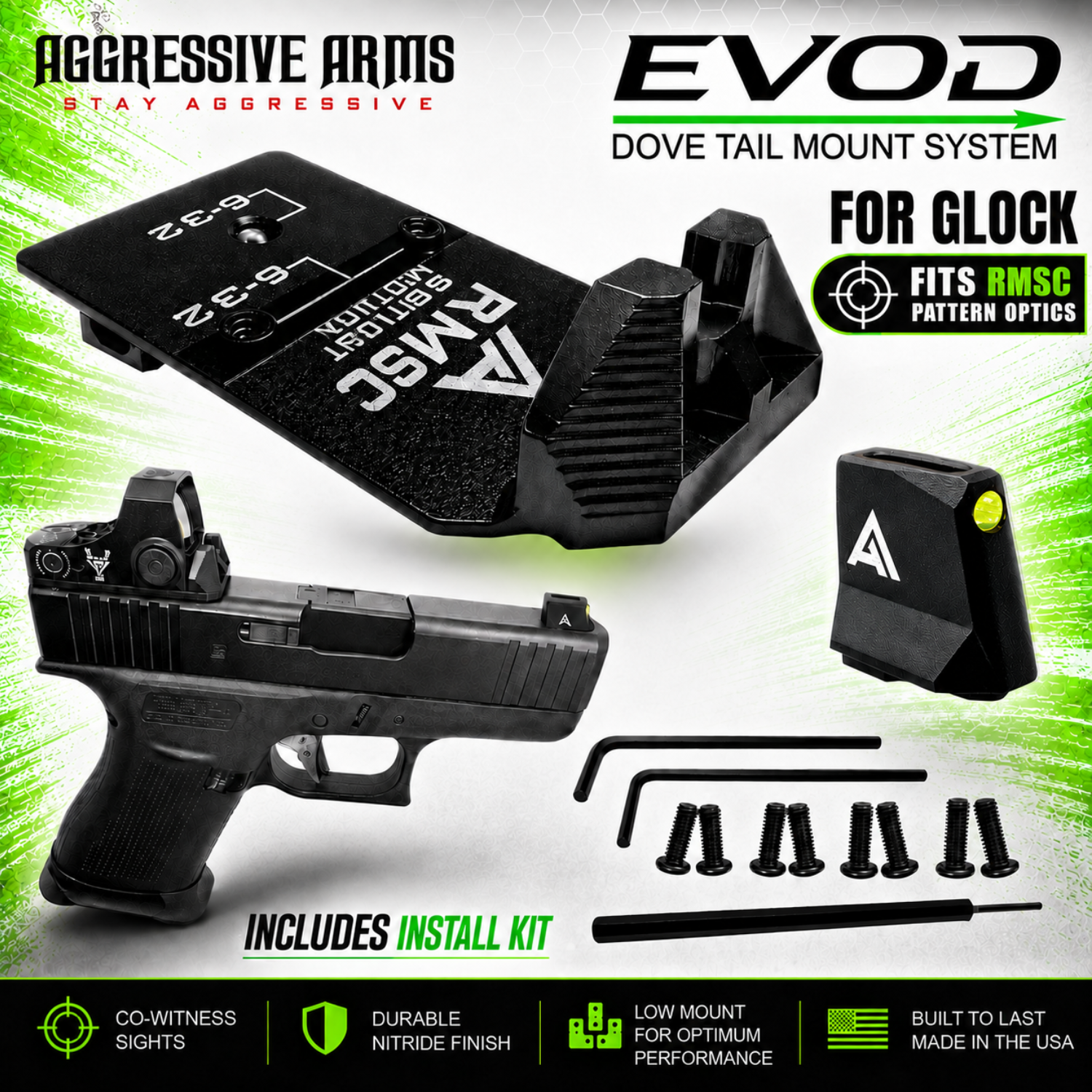 MAIN RMSC2 AGGRESSIVE ARMS DOVE MOUNT SYSTEM for Glock RMSC Slide Sight Adapter with Front V2 FIBER OPTIC SIGHT + COMES WITH INSTALL TOOLS - Image 1