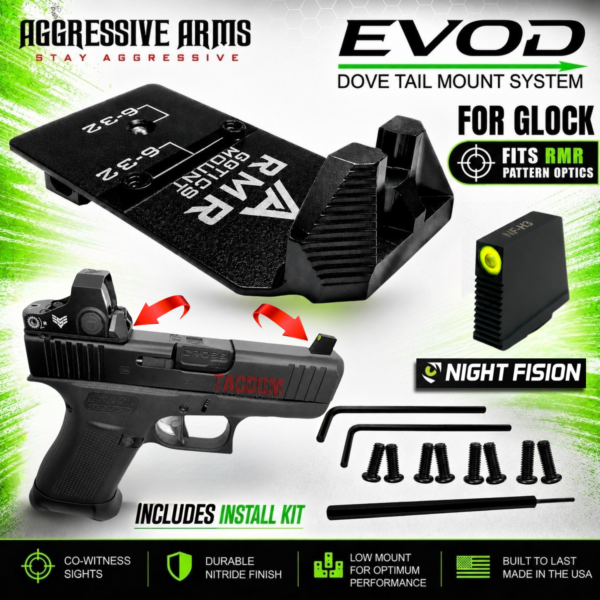 AGGRESSIVE ARMS DOVE MOUNT SYSTEM for Glock RMR Slide Sight Adapter with Front TRITIUM by NIGHT FISION OPTIC SIGHT + COMES WITH INSTALL TOOLS
