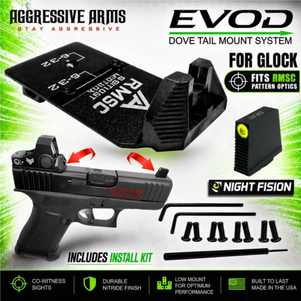 AGGRESSIVE ARMS DOVE MOUNT SYSTEM for Glock RMSC Slide Sight Adapter with Front V2 TRITIUM by NIGHT FISION OPTIC SIGHT + COMES WITH INSTALL TOOLS