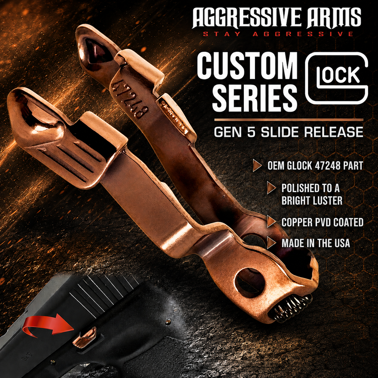USE HEROCOP AGGRESSIVE ARMS & OEM GLOCK Extended Slide Stop SHINY COPPER Release for GLOCK GEN 5 & 6 - 17 19 22 23 26 34 45 49 - Image 1