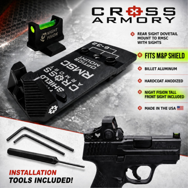 CROSS ARMORY DOVE MOUNT SYSTEM for S&W M&P SHIELD Slide Sight Adapter with NIGHT FISION Front FIBER OPTIC SIGHT + COMES WITH INSTALL TOOLS