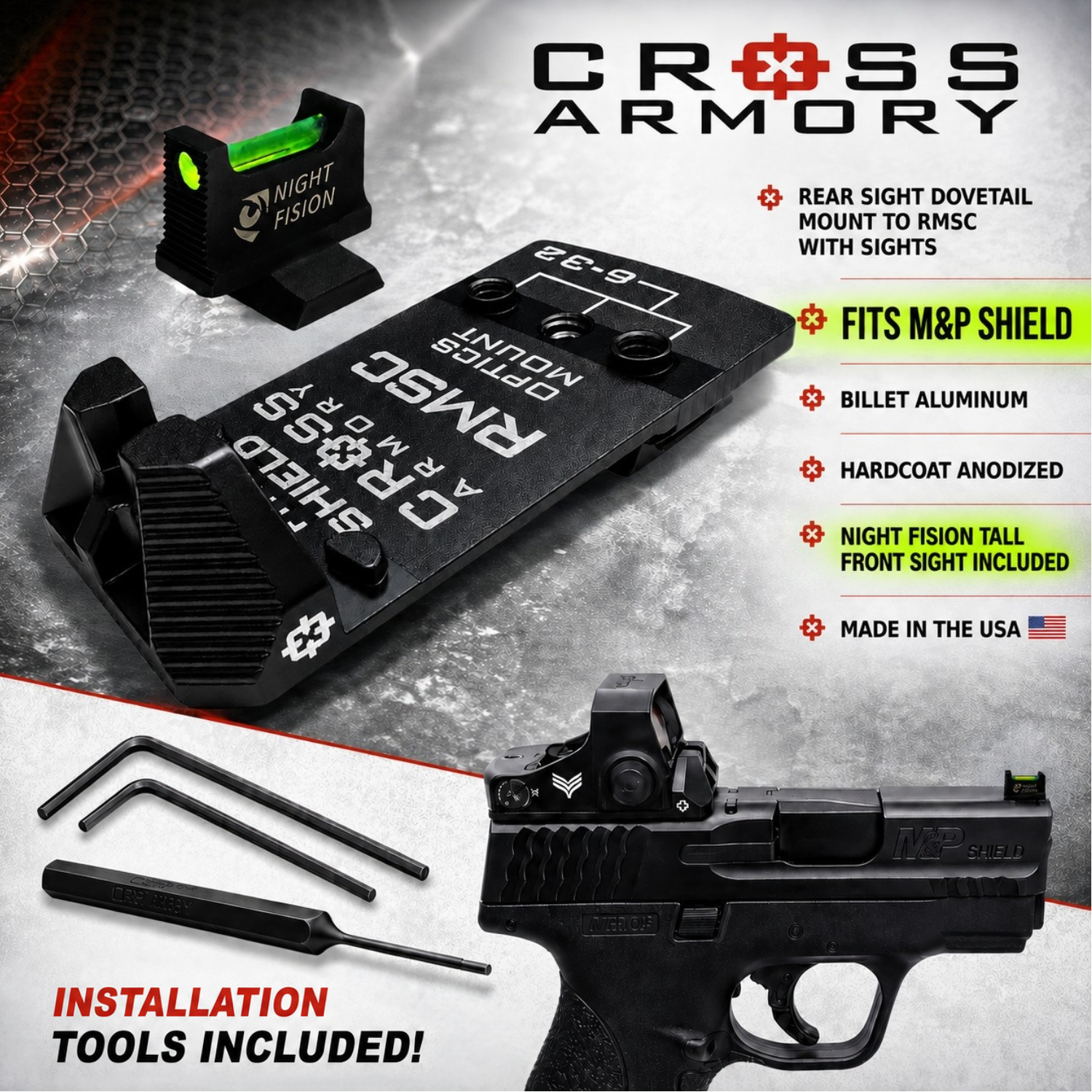 USE SHIELD RMSC CROSS ARMORY DOVE MOUNT SYSTEM for S&W M&P SHIELD RMSC Slide Sight Adapter with NIGHT FISION Front FIBER OPTIC SIGHT + COMES WITH INSTALL TOOLS - Image 1