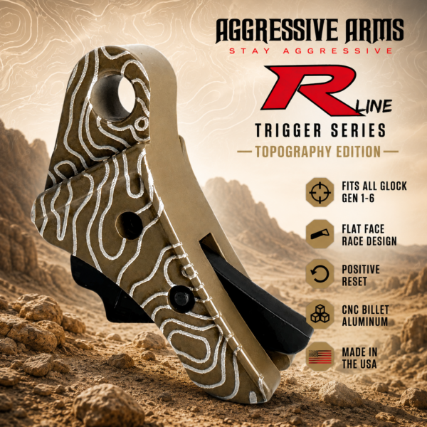 AGGRESSIVE ARMS R-LINE for GLOCK GEN 1 2 3 4 5 6 "CNC BILLET ALUMINUM" TOPOGRAPHY SERIES - FDE TAN - BLACK HARD NITRIDE SAFETY - FLAT FACE