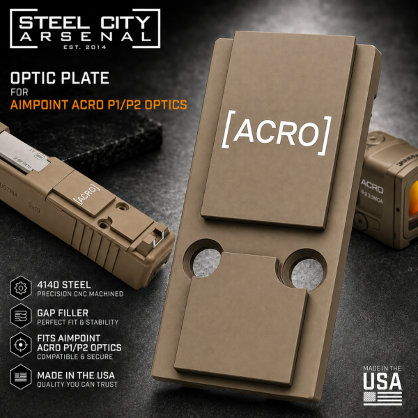 STEEL CITY ARSENAL for GLOCK GEN 6 AIMPOINT ACRO P1 / P2 OPTIC PLATE GAP FILLER - 4140 STEEL - TAN