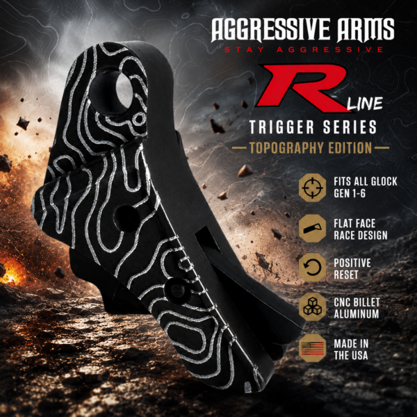 AGGRESSIVE ARMS R-LINE for GLOCK GEN 1 2 3 4 5 6 "CNC BILLET ALUMINUM" TOPOGRAPHY SERIES - BLACK ARMOR - BLACK HARD NITRIDE SAFETY - FLAT FACE