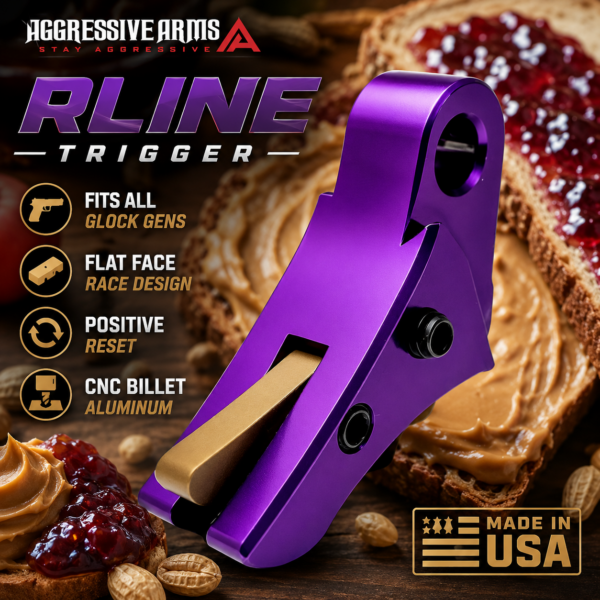AGGRESSIVE ARMS R-LINE for GLOCK GEN 1 2 3 4 5 6 "CNC BILLET ALUMINUM" PEANUT BUTTER JELLY THEME - ANODIZED PURPLE - TAN SAFETY - FLAT FACE