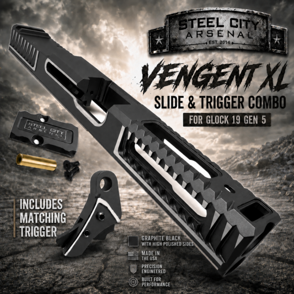 STEEL CITY ARSENAL VENGENT XL - BIG FRONT PORT FLUTED - GRAPHITE BLACK with CUSTOM POLISHED EDGES - EXTENDED SLIDE - MATCHING TRIGGER  & RMR COVER PLATE FOR GLOCK 19 GEN 5