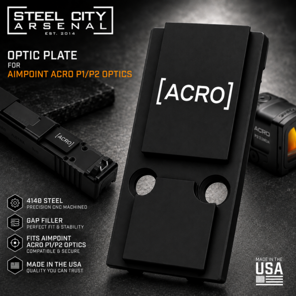 STEEL CITY ARSENAL for GLOCK GEN 6 AIMPOINT ACRO P1 / P2 OPTIC PLATE GAP FILLER - 4140 STEEL - BLACK