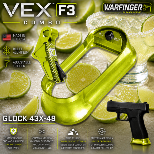 WARFINGER by Ranger Proof for GLOCK 43X/48 ENHANCED LIME GREEN BILLET ALUMINUM MAGWELL + VEX F3 ADJUSTABLE TRIGGER – FITS OEM FACTORY FRAMES