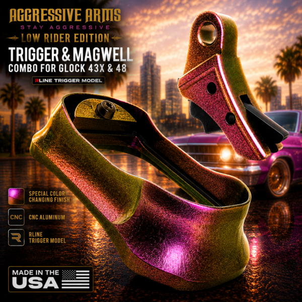 AGGRESSIVE ARMS & STEEL CITY ARSENAL "LOW RIDER EDITION" COLOR CHANGING for GLOCK GEN 5 - 43X - 48  ENHANCED MAGWELL & TRIGGER – FITS OEM GLOCK FACTORY FRAMES
