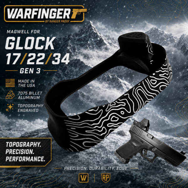 WARFINGER by Ranger Proof for GLOCK 17 / 22 / 34 BLACK TOPOGRAPHY BILLET ALUMINUM MAGWELL – FITS GEN 3 OEM FACTORY FRAMES