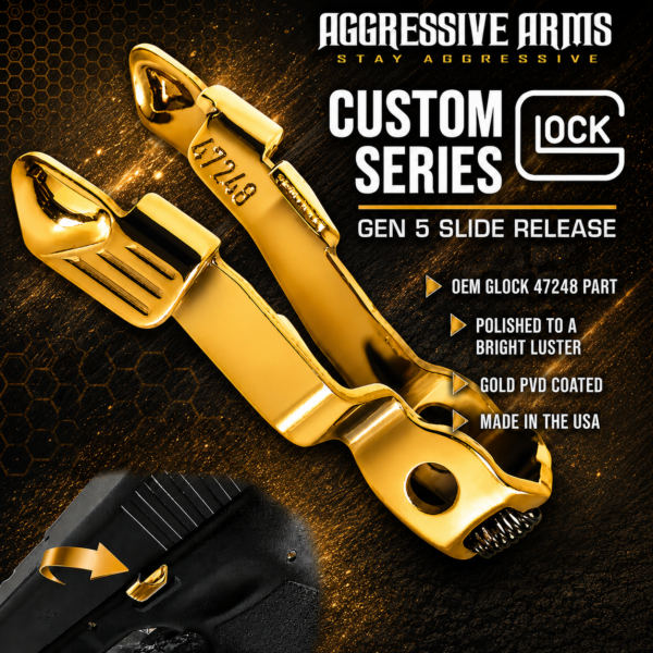 AGGRESSIVE ARMS & OEM GLOCK Extended Slide Stop SHINY GOLD Release for GLOCK GEN 5 & 6 - 17 19 22 23 26 34 45 49
