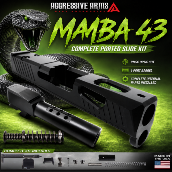 AGGRESSIVE ARMS BLACK MAMBA PORTED SLIDE AND HEXA-PORT BARREL COMPLETE WITH PARTS INSTALLED FOR GLOCK 43 / 43X