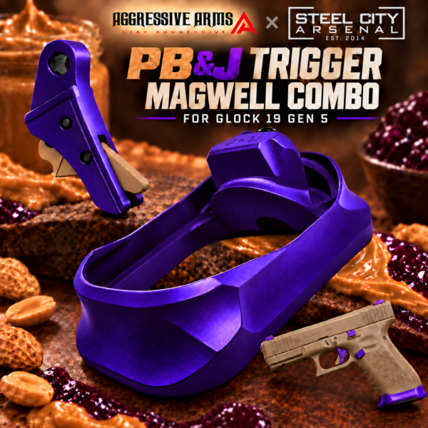 AGGRESSIVE ARMS / STEEL CITY R-LINE for GLOCK GEN 5 - 19 - 23 CNC BILLET ALUMINUM TRIGGER AND MAGWELL - PEANUT BUTTER JELLY THEME - FX PURPLE - PEANUT BUTTER SAFETY