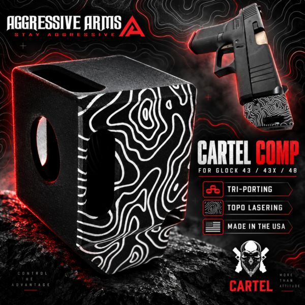 AGGRESSIVE ARMS Cartel TOPOGRAPHY SERIES PORTED Recoil REDUCTION COMPENSATOR for GLOCK 43 43x 48 - BLACK TOPO - 1/2x28 TPI Thread